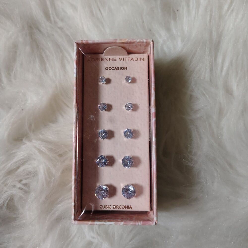Adrienne Vittadini Stud Earrings Set Silver Round Cubic Zirconia NIB